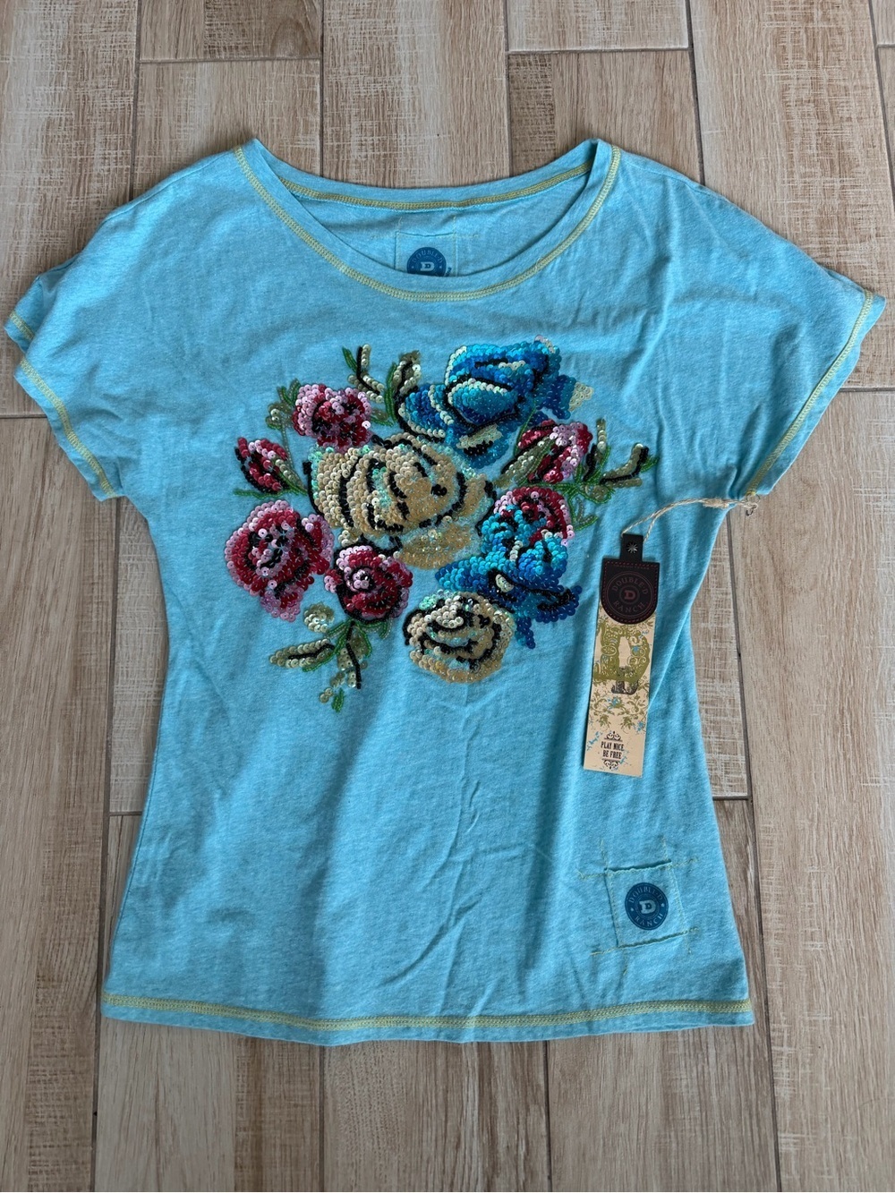 NWT Double D Ranchwear Blue Sequin Floral Aquafest Tee Top Western Size M